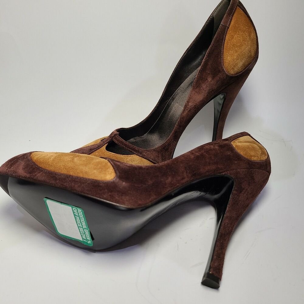 Roger Vivier women heels Pump Paris 2-tone brown Leather suede sz 37.5 7.5 new - Picture 8 of 10